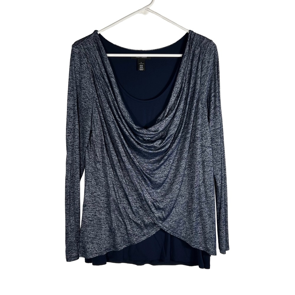 White House Black Market Navy Marled Layered Cowl Neck Long Sleeve Top Large